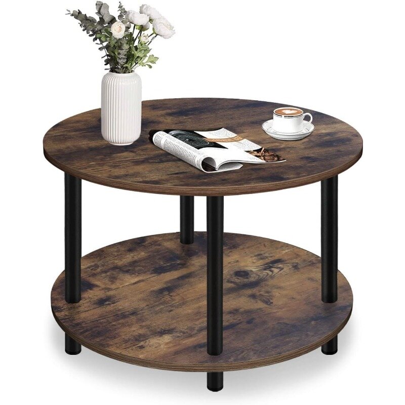 طاولة قهوة خشبية مستديرة صغيرة مع مساحة تخزين مفتوحة ، طاولة بنية ريفية للعيش ، مساحة صغيرة ، من الطبقتين