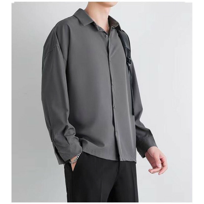 قسط الرجال الجليد الحرير قميص الربيع الصيف رقيقة فاخرة فضفاضة قميص الأعمال الكورية الصلبة العصرية كشكش رايات قميص سترة B0142