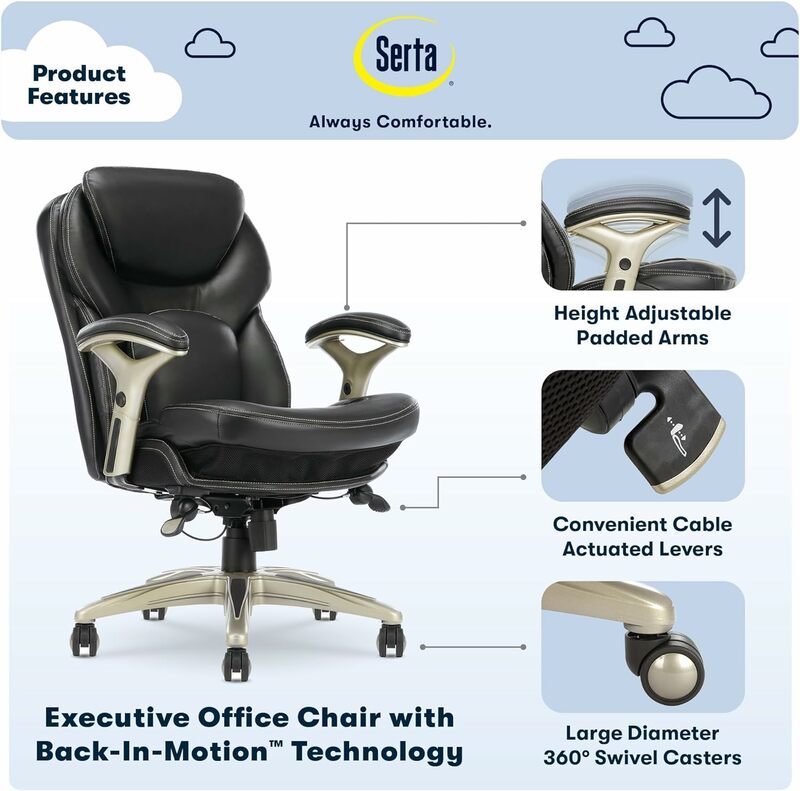 كرسي مكتب متوسط الظهر مريح قابل للتعديل مع دعم قطني ، جلد أسود مربوط ، تكنولوجيا حركة ، مكتب تنفيذي