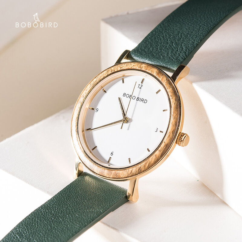 ساعة يد كوارتز للنساء Bobo bird مع حزام جلدي ، سوار خشبي ، للهدايا السنوية