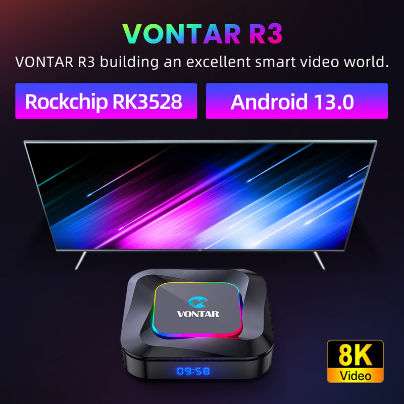 فونتار R3 RGB TV Box أندرويد 13 Rockchip RK3528 دعم 8K فيديو BT5.0 Wifi6 دعم جوجل صوت المدخلات ميديا بلاير مجموعة صندوق