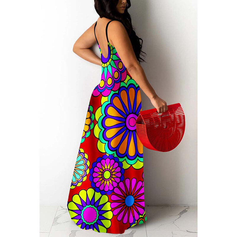 فستان طويل فوتشيا كاجوال ، كامي بلا أكمام ، مقاس كبير ، طباعة زهور