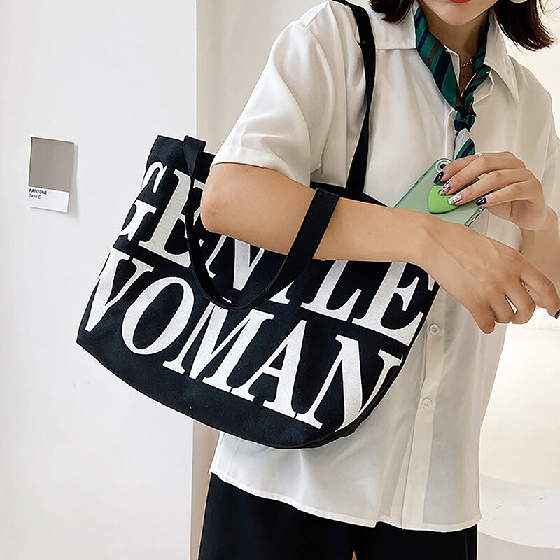 سعة كبيرة قماش حقيبة كروسبودي ، بسيطة حقيبة الكتف عادية ، شعار الإنجليزية إلكتروني ، الإبداعية الكورية نمط الموضة