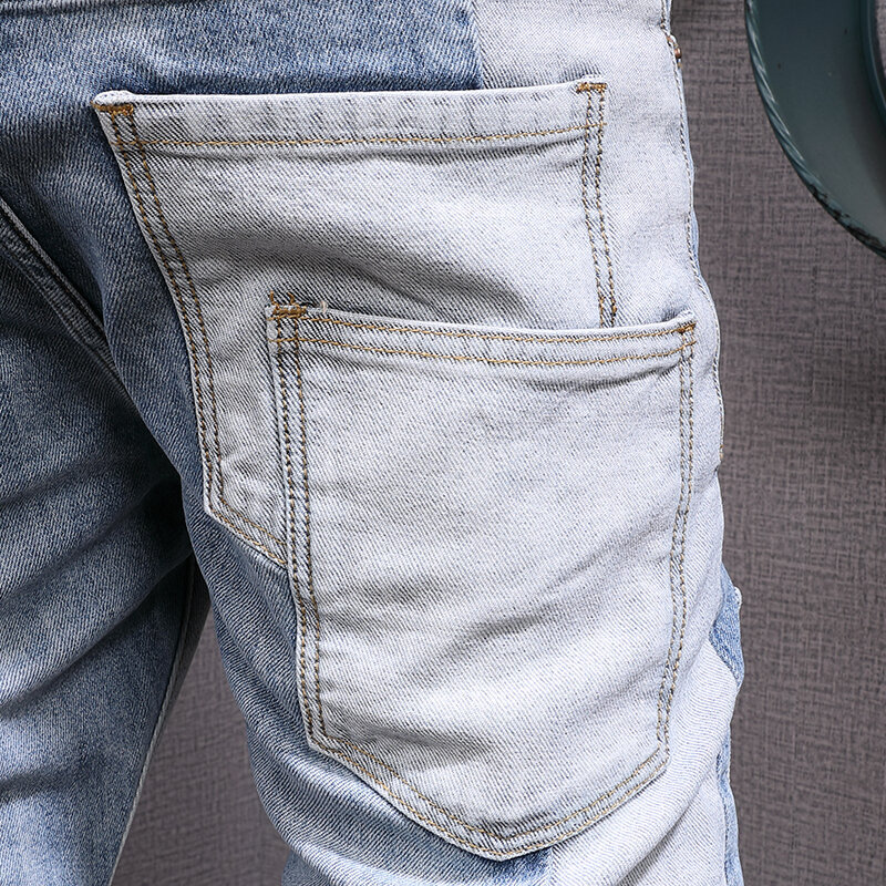 مصمم الازياء الرجال الجينز الرجعية الضوء الأزرق مطاطا سليم صالح ممزق جينز الرجال بنطلون Vintage تمتد عادية الدينيم السراويل Hombre