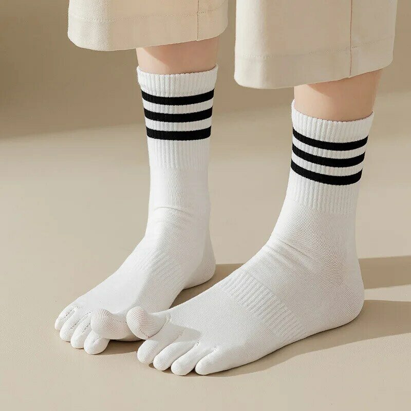 جوارب قطنية بخمسة أصابع للنساء ، أبيض وأسود ، مخطط ، أنبوب متوسط ، انقسام أصابع القدم ، جوارب خارجية للفتيات ، أربعة مواسم ، زوج واحد