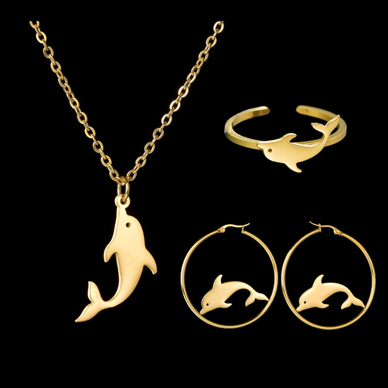 مجموعة مجوهرات الدلافين المخصصة للنساء والأطفال ، قلادة وأقراط على شكل حيوانات ، خاتم مخصص ، فولاذ مقاوم للصدأ ، هدية عيد ميلاد الطفل