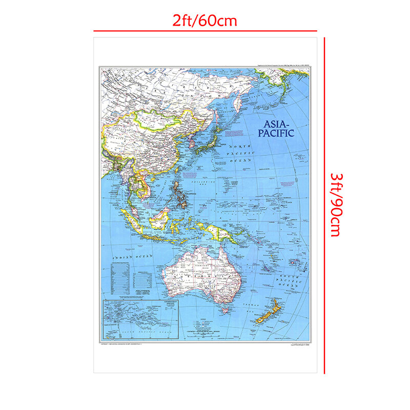 24x36 بوصة غرامة قماش معلق جدار الفن اللوحة المطبوعة خريطة آسيا المحيط الهادئ للمنزل مكتب ديكور