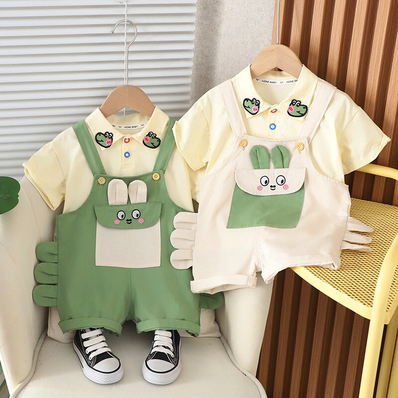 بدلة أرنب للأطفال بأكمام قصيرة ، قماش رقعة ، صبي وسيم ، النسخة الكورية ، جديد ، الصيف