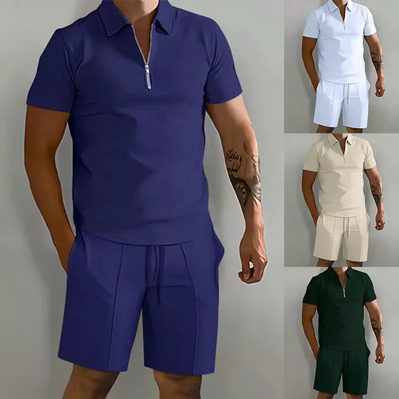 قميص رجالي قصير الأكمام بولو ومجموعة شورت رياضي ، بدلة رياضية أحادية اللون ، ملابس رياضية غير رسمية ، بدلة الركض ، موضة الصيف ، 2 قطعة