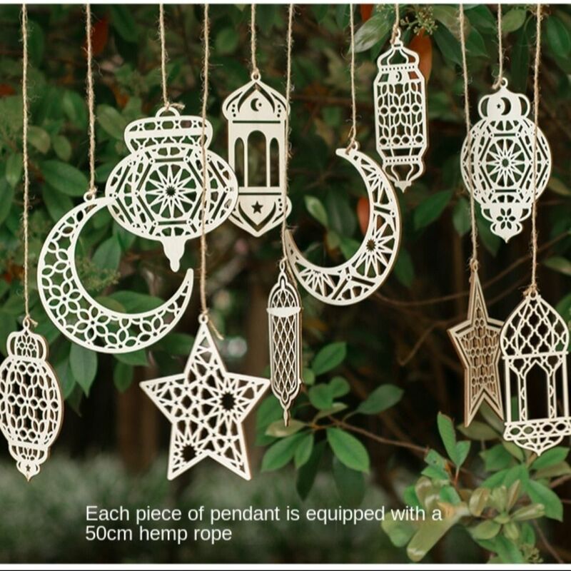 عيد مبارك زخارف خشبية معلقة ، رمضان كريم ، ديكور منزلي إبداعي ، قلادة نجمة قمر مجوفة تصنعها بنفسك