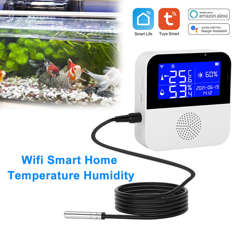 شاشة LCD Tuya واي فاي استشعار درجة الحرارة الرطوبة للمنزل الذكي أو نمو النبات عالية الدقة مع خط درجة حرارة الماء