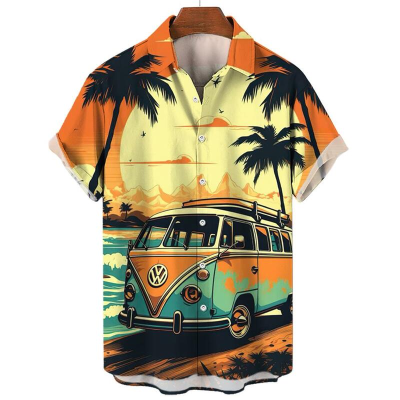 قميص رجالي بنمط شجرة جوز الهند هاواي ، قمم مطبوعة ثلاثية الأبعاد ، أكمام قصيرة ، ملابس بأزرار طية صدر ، موضة الأعياد ، الصيف