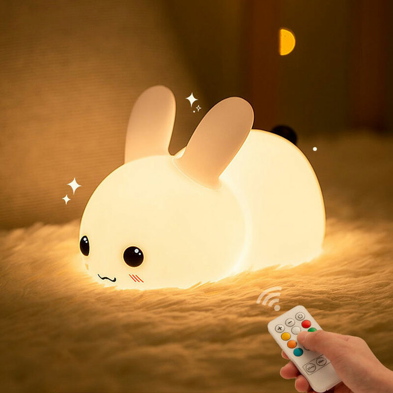 مصباح ليلي LED قابل لإعادة الشحن لغرفة نوم الأطفال ، سيليكون ناعم مع جهاز تحكم عن بعد ، RGB ، أرنب