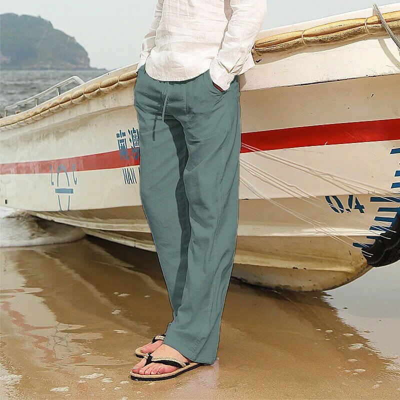 صيف جديد تريند عرضي حار بيع الرجال الكتان عادية متعددة جيب واسعة القدم سليم بنطلون شاطئ عادية