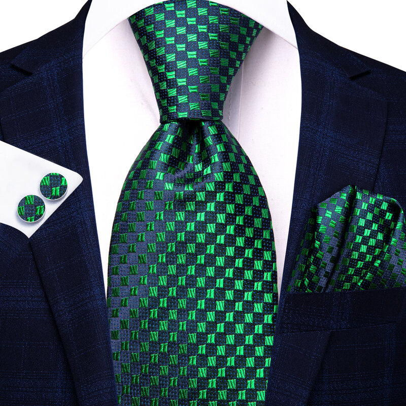 طقم ربطة عنق جاكار للرجال ، أزرار أكمام هانكي ، مصمم ربطة عنق عالية ، منقوشة خضراء ، ملحق أنيق ، زفاف ، عمل ، حفلة