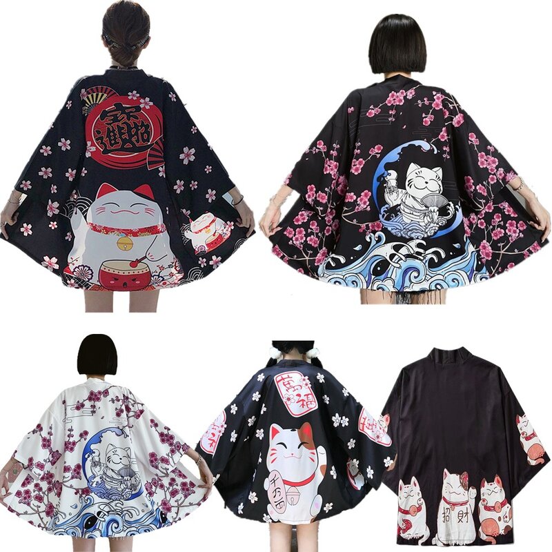 كيمونو ياباني مطبوع عليه قطة للرجال والنساء ، هاوري يوكاتا ، كيمونو ساموراي ، ملابس آسيوية تقليدية ، سترة هاراجاكو ، قميص تنكري