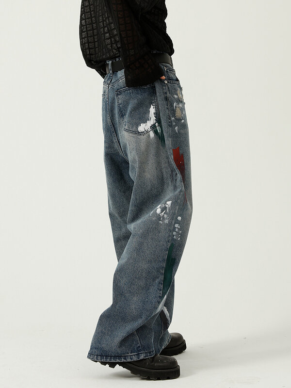 بنطال جينز بمقاسات كبيرة من HOUZHOU Y2k بنطال جينز ممزق للرجال مطبوع باللون الأزرق من قماش الدنيم ملابس الشارع اليابانية على طراز الهيب هوب للرجال