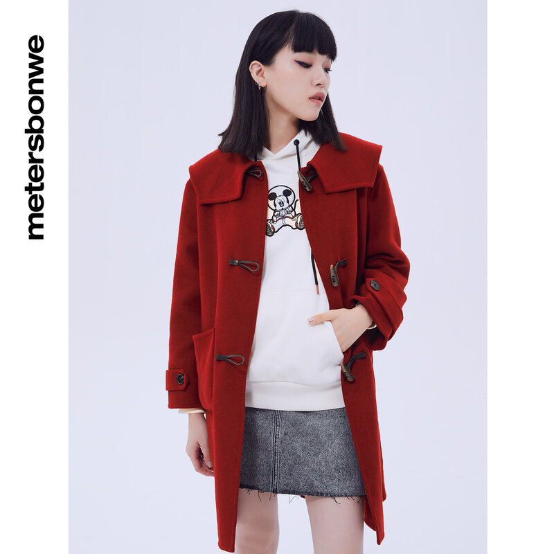 ميترسبونواي-معطف صوف للنساء ، موضة جديدة ، تناسب فضفاض ، دافئ ، زر قرن الغنم ، أحمر ، رقبة كبيرة ، شتاء