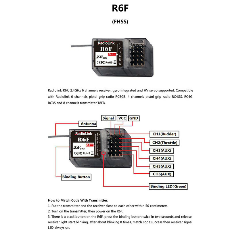 جهاز استقبال RC من Radiolink طراز R6F بقدرة 2.4 جيجاهرتز مزود بجهاز تحكم عن بُعد مزود بنظام جيروسكوبي متكامل ومضاعف HV مدعوم لأجهزة إرسال RC4GS/RC6GS/RC4G/T8FB RC