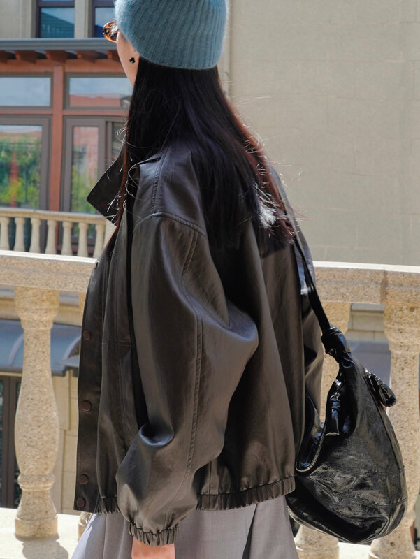 سترة ظلية فضفاضة للنساء ، معطف من الجلد الصناعي ، ياقة واقفة ، موضة جديدة ، ربيع والخريف ، 2023