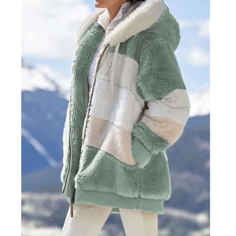 معطف المرأة سميكة الكشمير مقنعين مع سستة ، خياطة منقوشة سترة ، معاطف السيدات ، تقسم ، والأزياء ، والشتاء ، 2023