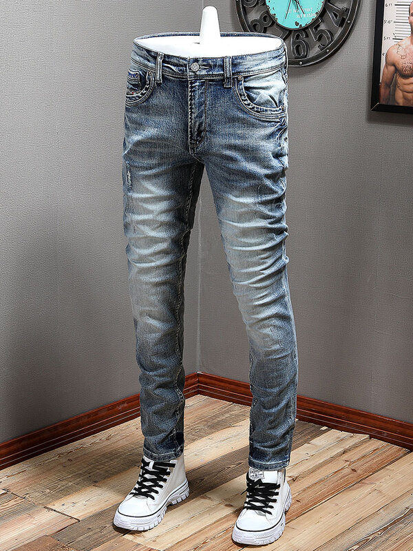 حديثا مصمم الازياء الرجال الجينز الرجعية الأزرق مطاطا تمتد سليم صالح مطبوعة ممزق جينز الرجال Vintage جينز غير رسمي Hombre