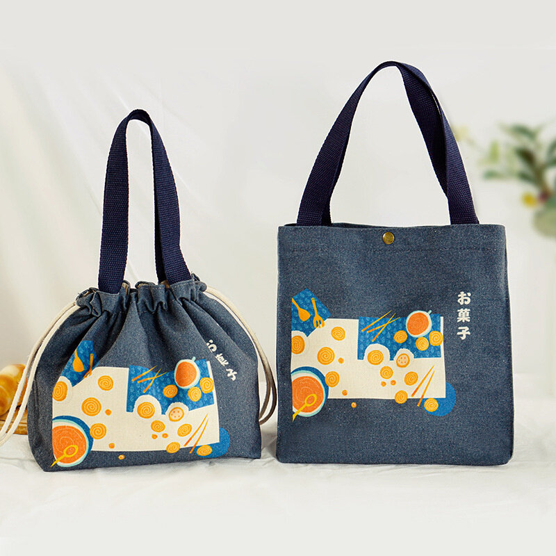 حقيبة غداء قماش محمولة على الطراز الياباني سميكة مرسومة باليد حقيبة بينتو كبيرة السعة حقيبة أرز عازلة أداة منزلية