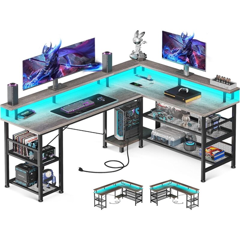 طاولة ألعاب على شكل بمنفذ طاقة وأضواء ليد ، طاولة ألعاب كمبيوتر قابلة للعكس ، منافذ USB ، 59 بوصة