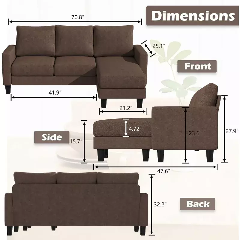 أريكة مقطعية قابلة للتحويل 3 على شكل حرف L ، مقعد ناعم ، قماش كتان حديث ، أرائك مساحة صغيرة لغرفة المعيشة
