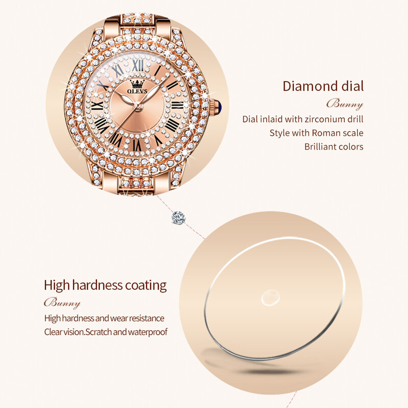 OLEVS الأصلي ساعة ماسية للنساء موضة أنيقة الفولاذ المقاوم للصدأ مقاوم للماء كوارتز ساعة اليد الفاخرة السيدات فستان الساعات