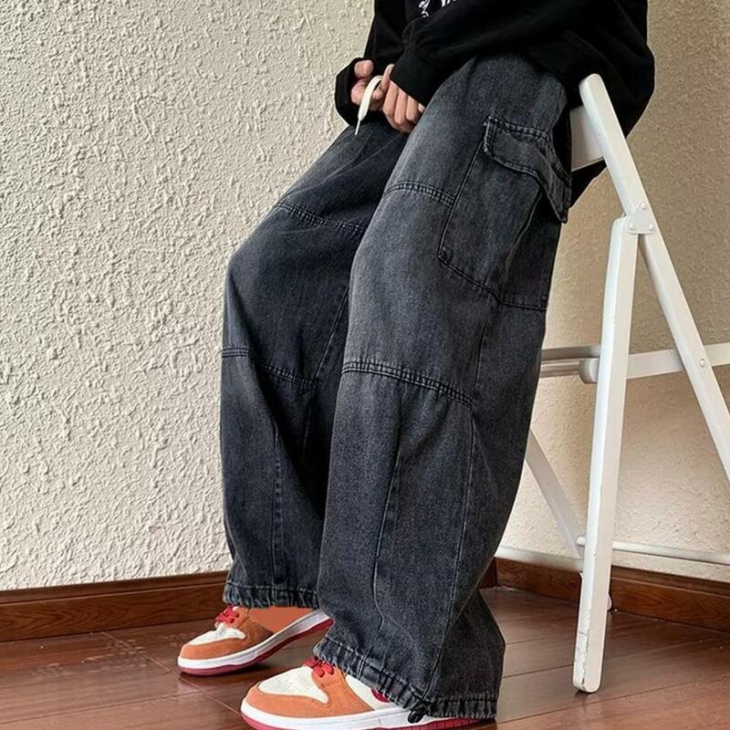 سروال أنيق كبير الحجم مع خصر مطاطي ، جينز متعدد الاستخدامات ، بنطلون واسع الساق ، تصميم واسع الساق ، جيوب متعددة #4