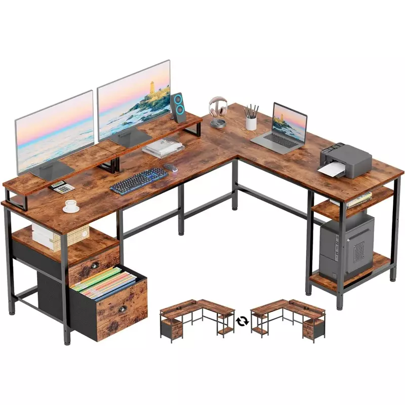 مكتب كمبيوتر على شكل حرف L مع أرفف ، طاولة ألعاب زاوية قابلة للطي مع أدراج ملفات ، حامل شاشة مزدوج ، لون بني ريفي ، 66 بوصة