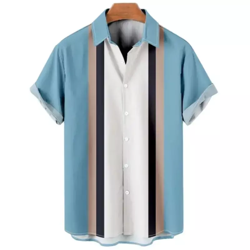 قميص رجالي هاراجاكو مطبوع بخطوط ، أكمام قصيرة ، ألوها بأزرار ، فضفاض ، كاجوال ، ملابس شاطئ ، موضة صيفية