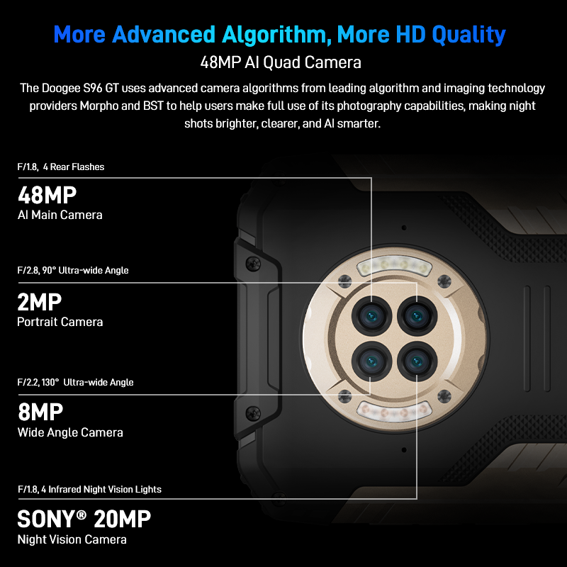 DOOGEE S96GT هاتف قوي 6.22 "48 ميجابكسل كاميرا أندرويد 12.0 8GB RAM + 256GB ROM 24 واط شحن سريع 32MP كاميرا أمامية 6350mAh الهاتف
