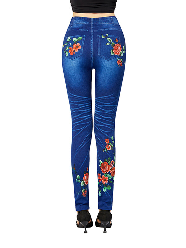 Ljcuiياو بنطلون جينز نسائي أزرق ضيق من قماش الدنيم بنطلون ضيق مقاس كبير مطبوع عليه زهور خضراء وحمراء مرنة