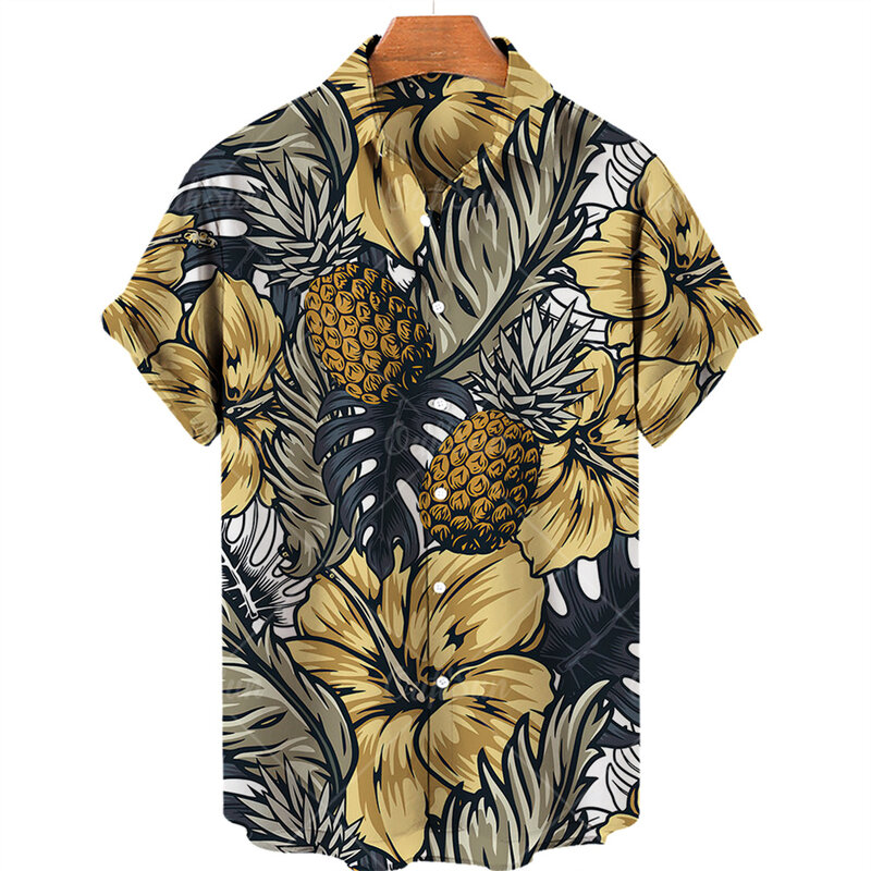 الرجال قمصان قمصان هاواي الفاكهة طباعة قصيرة الأكمام الأناناس نمط بلايز عادية موضة ملابس للرجال قميص فضفاض الصيف