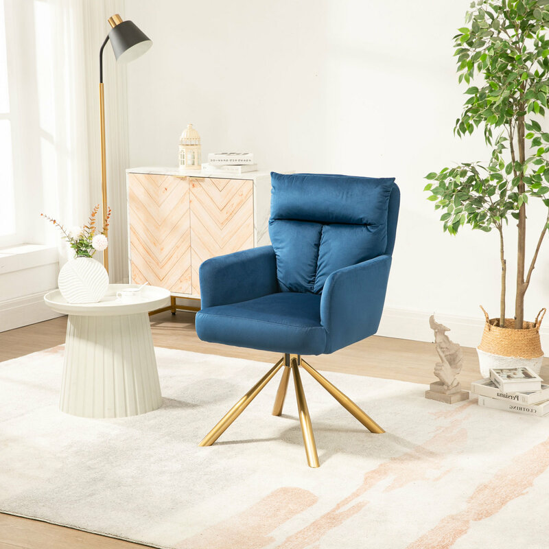 كرسي منجد عالي الظهر مخملي أزرق داكن عصري ، كرسي دوار بلكنة ، تصميم فاخر ومتطور