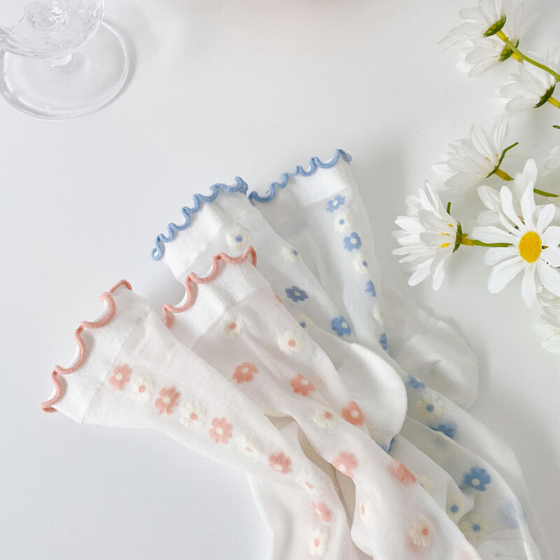 جوارب نسائية من الحرير الشفاف مرنة زوج واحد جوارب نسائية صيفية رقيقة قابلة للتنفس Harajuku Vintae جوارب نسائية جورب زهور