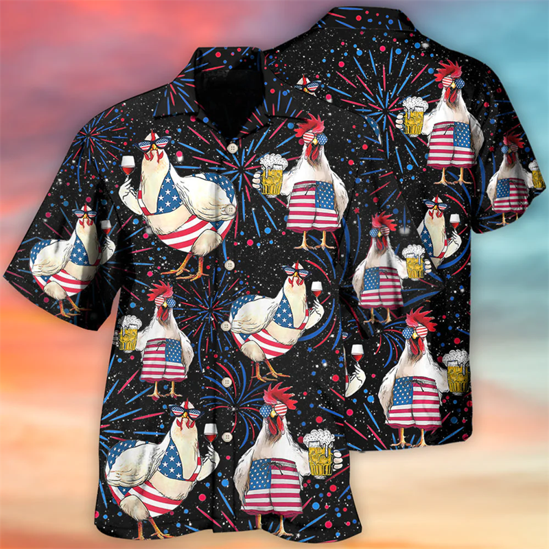 قمصان دجاج رجالية فضفاضة قابلة للتنفس بطبعة ثلاثية الأبعاد ، قمم شاطئ هاواي ، أكمام قصيرة ، أزياء عصرية رائعة ، صيف ، جديد