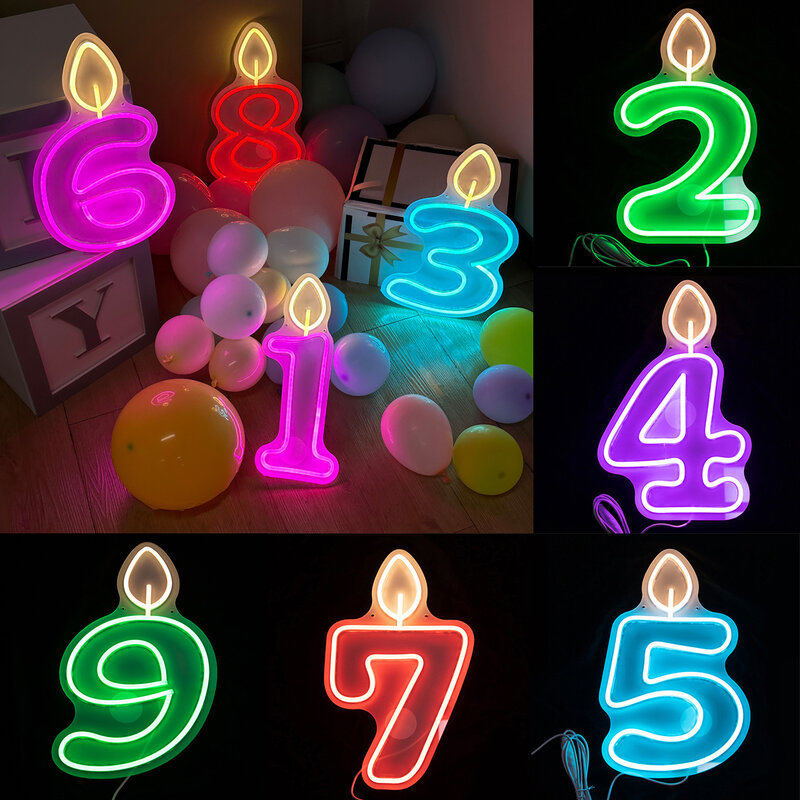 مصباح نيون ليد لتزيين حفلة عيد ميلاد سعيد ، أضواء شموع لحفل استحمام الطفل ، ديكور الطاولة ، 40 ، 0-9 رقم عيد ميلاد