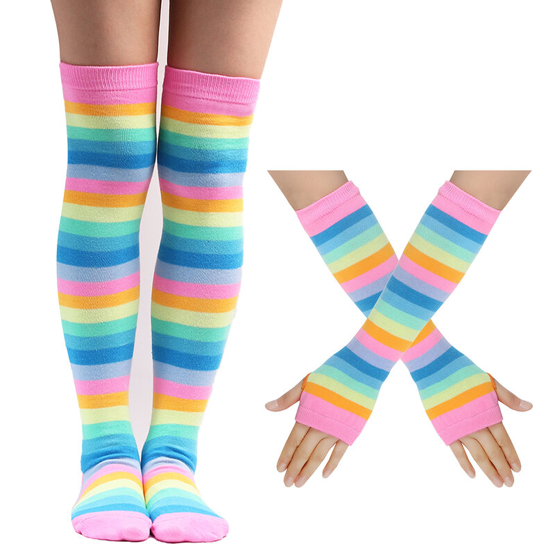 جوارب ملونة مخططة للنساء ، ارتفاع الفخذ ، جوارب فوق الركبة ، تدفئة الذراع ، مجموعة قفازات بدون أصابع ، كاجوال