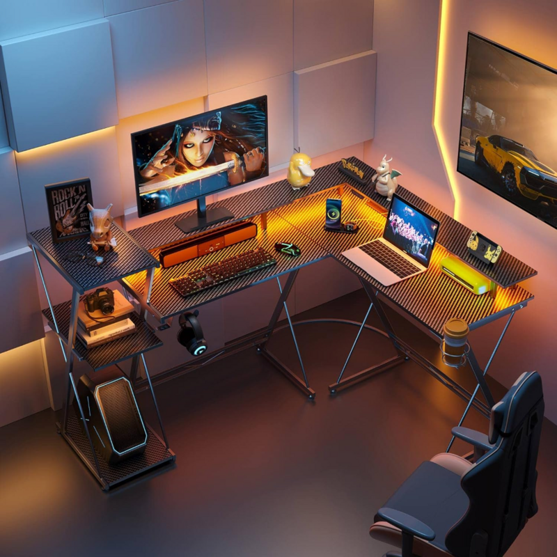 مكتب ألعاب على شكل حرف L مع مصابيح LED ومنافذ طاقة ، مكتب كمبيوتر قابل للعكس مع رف تخزين وحامل شاشة ، 50 بوصة