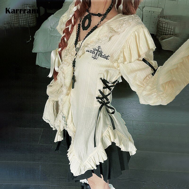 Karrram Y2k جماليات الدانتيل قميص الجرونج القوطية غير النظامية البلوزات الجنية Harajuku ضمادة قميص خمر لوليتا الملابس مول القوطي