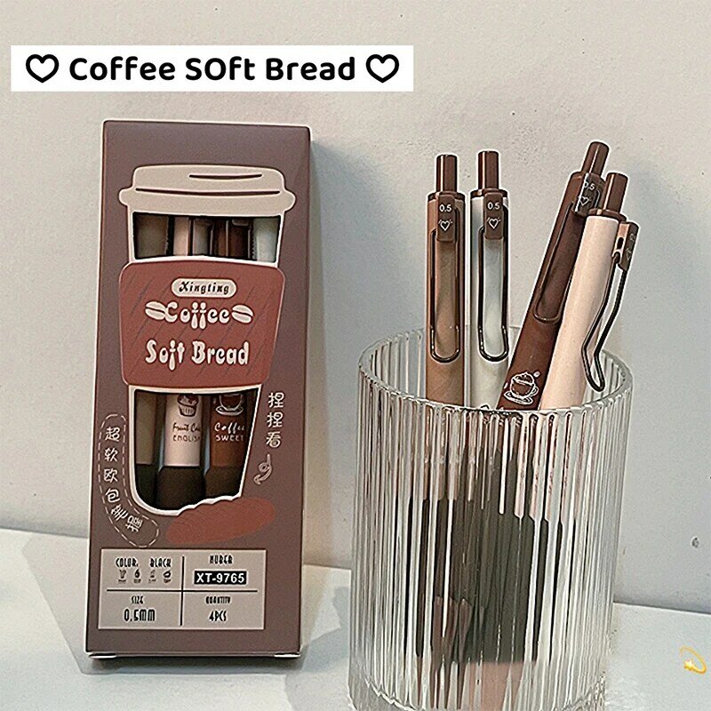 4 قطعة القهوة لينة الخبز هلام القلم مجموعة 0.5 مللي متر أسود اللون الحبر للكتابة مكتب القرطاسية المدرسية لوازم عالية الجودة.