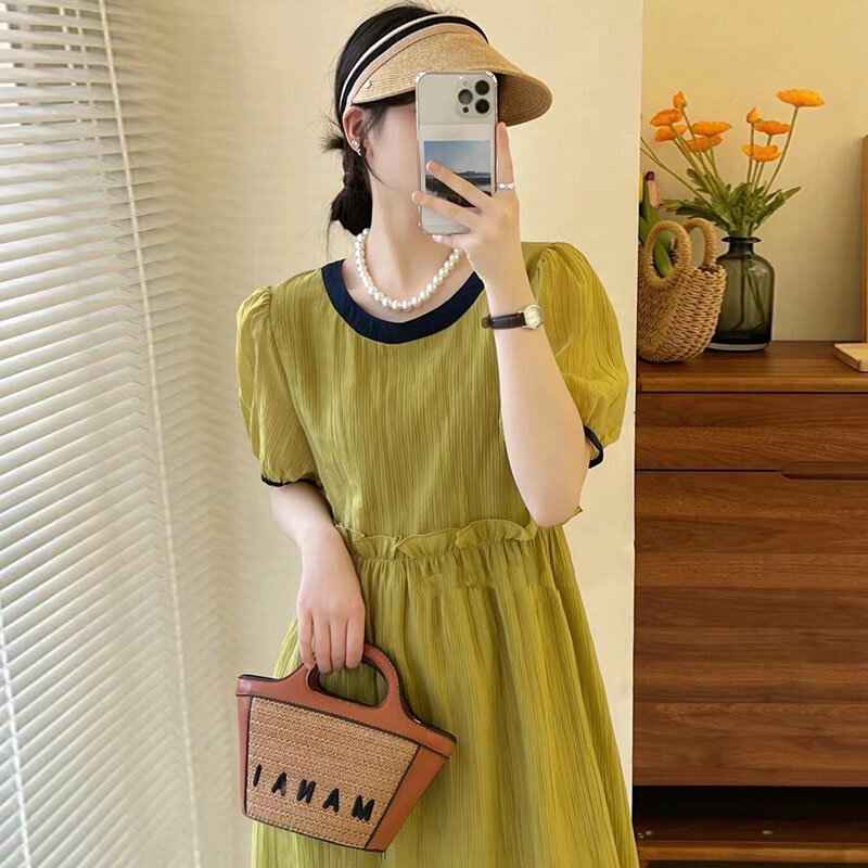 فستان صيفي بتصميم فرنسي عتيق برقبة دائرية بألوان متباينة مزين بطيات وأكمام منفوخة للنساء #1