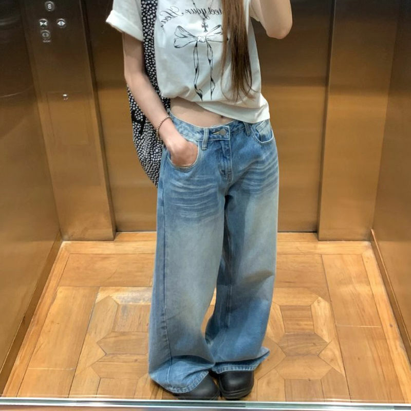 QWEEK-جينز نسائي عتيق عالي الخصر ، ملابس شارع كورية ، بنطال واسع الساق ، بنطال جينز هاراجو كاجوال كبير الحجم مغسول ، الصيف ، Y2K