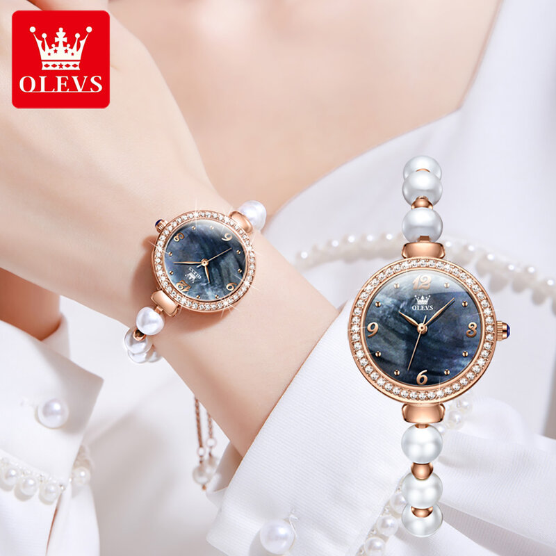 ساعة OLEVS-ساعة كوارتز نسائية فاخرة بسوار لؤلؤ ، أزياء مقاومة للماء ، ساعات يد ماسية ، علامة تجارية مشهورة