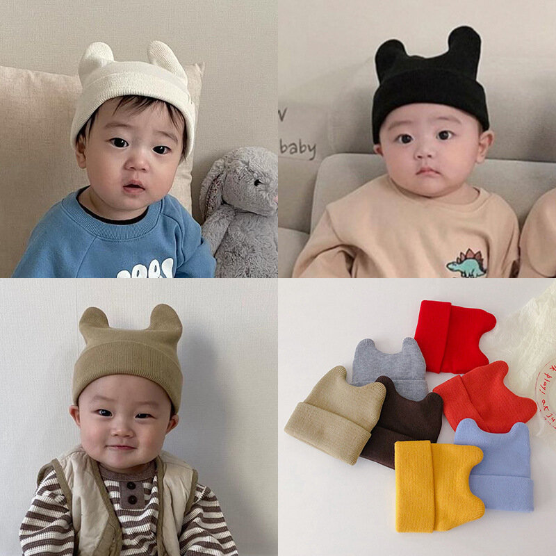 الكورية محبوك قبعة للطفل ، آذان لطيف ، قبعة صوفية للبنين والبنات ، لون الحلوى ، اكسسوارات للأطفال ، 12 لونا