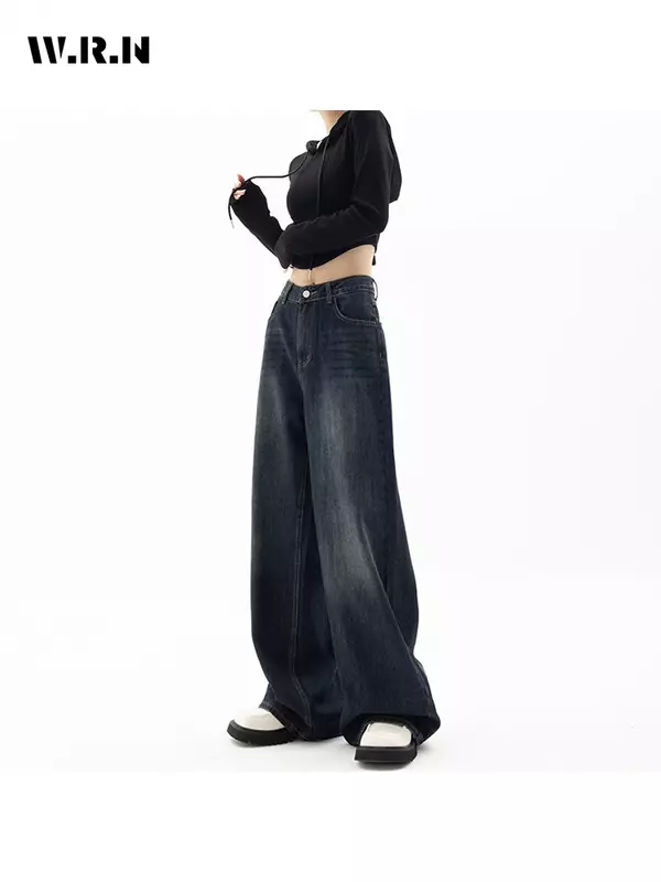 بنطلون جينز فضفاض عالي الخصر طراز Y2K بتصميم هاراجوكو بنطلون جينز نسائي كوري أنيق بأرجل واسعة وكبيرة الحجم من قماش الدنيم ملابس نسائية