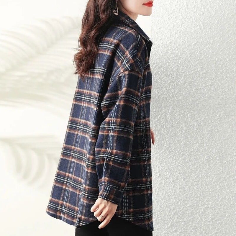 عارضة أزياء المرأة منقوشة ملابس منقوشة بكم طويل بلوزة ربيع الخريف الكورية خمر بدوره إلى أسفل طوق جيوب تقسم زر قميص